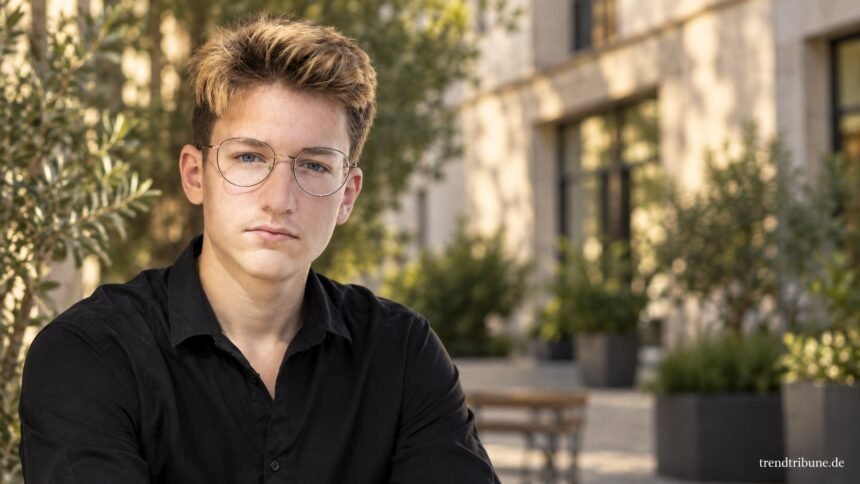 Juri Winkler mit Brille in einem gestalteten redaktionellen Porträt vor einem Berliner Hof