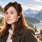 Marlene Morreis an einem redaktionellen Filmset vor Bergkulisse