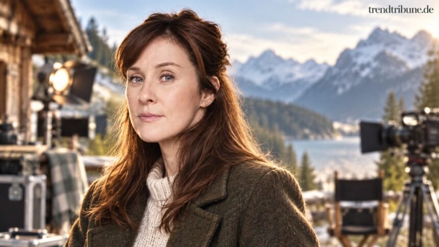 Marlene Morreis an einem redaktionellen Filmset vor Bergkulisse