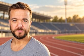 Mathias Mester im grauen T-Shirt vor einem redaktionell gestalteten Leichtathletikstadion