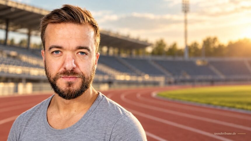 Mathias Mester im grauen T-Shirt vor einem redaktionell gestalteten Leichtathletikstadion