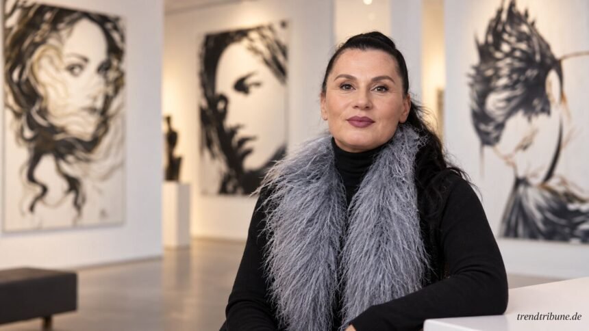 Künstlerin Rosana della Porta in einer Galerie mit Porträtkunst