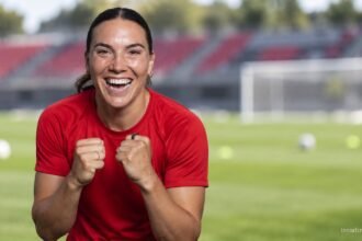 Vanessa Gilles im roten Sportshirt vor einem gestalteten Fußballhintergrund